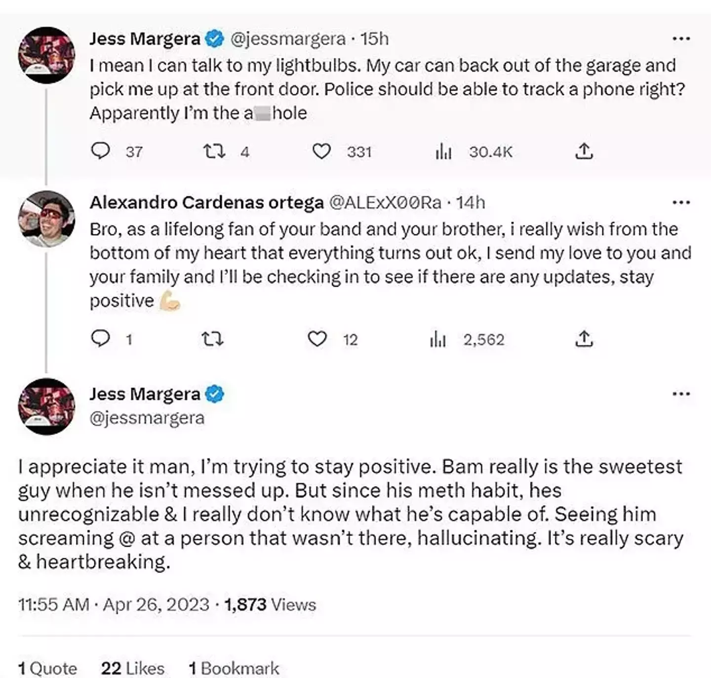Bam Margera's brother Jess shared the 'scary' incident that led to the Jackass star being on the run from police.