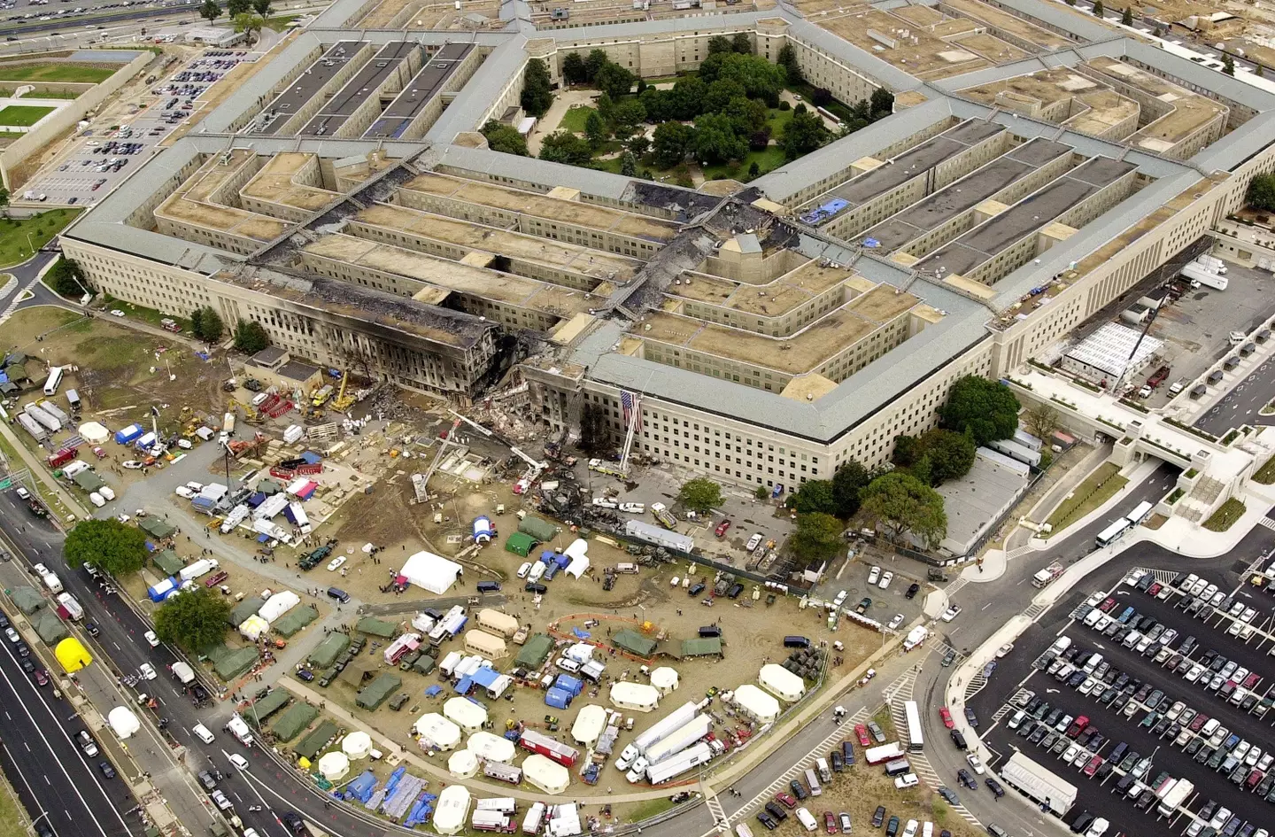 The Pentagon three days after the 9/11 attacks, where hijacked Flight 77 was crashed into the building and killed 189 people.