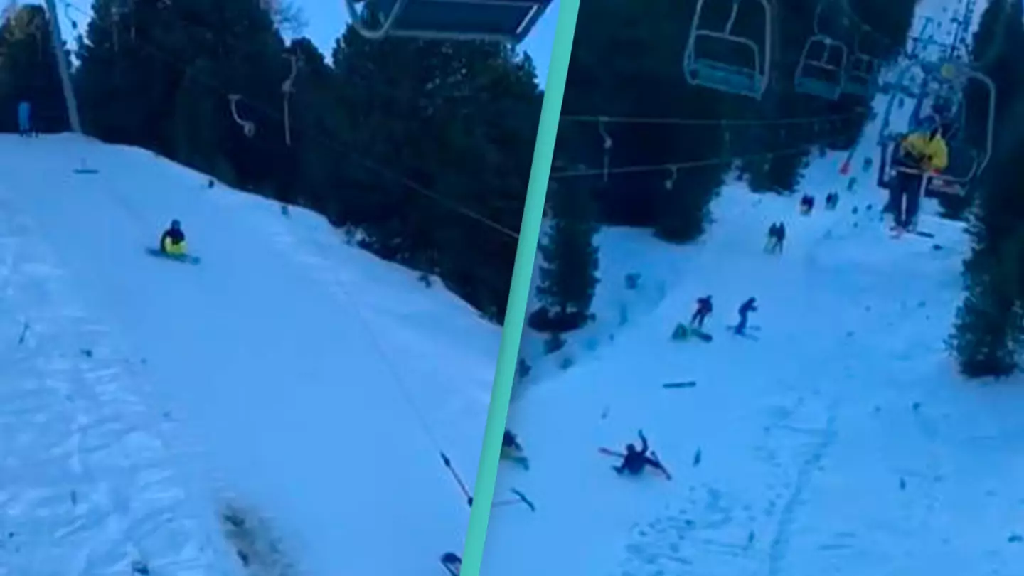 Snowboarder loses control going up mountain lift and takes out four skiers