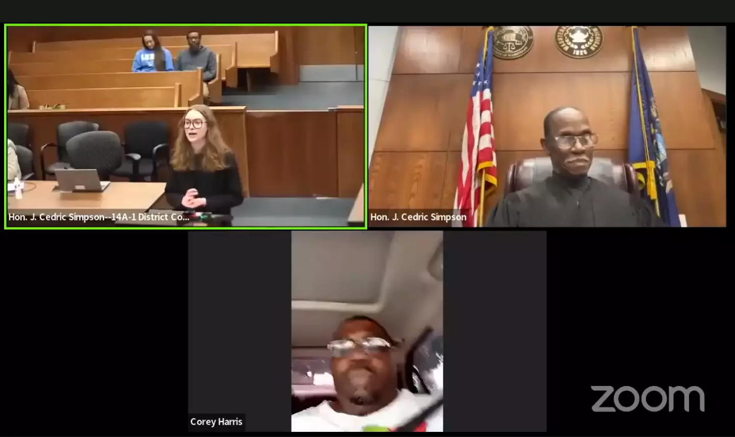 Harris joined the Zoom call for his court hearing while driving his car without a valid license. (Yahoo News) 