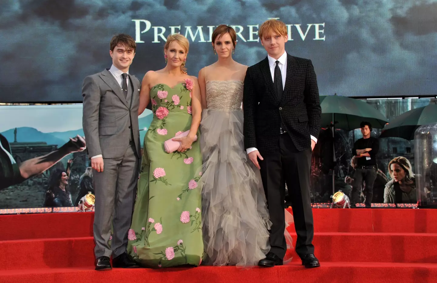 JK Rowling seen with Harry Potter stars, Daniel Radcliffe, Emma Watson and Rupert Grint. (Jon Furniss/WireImage)