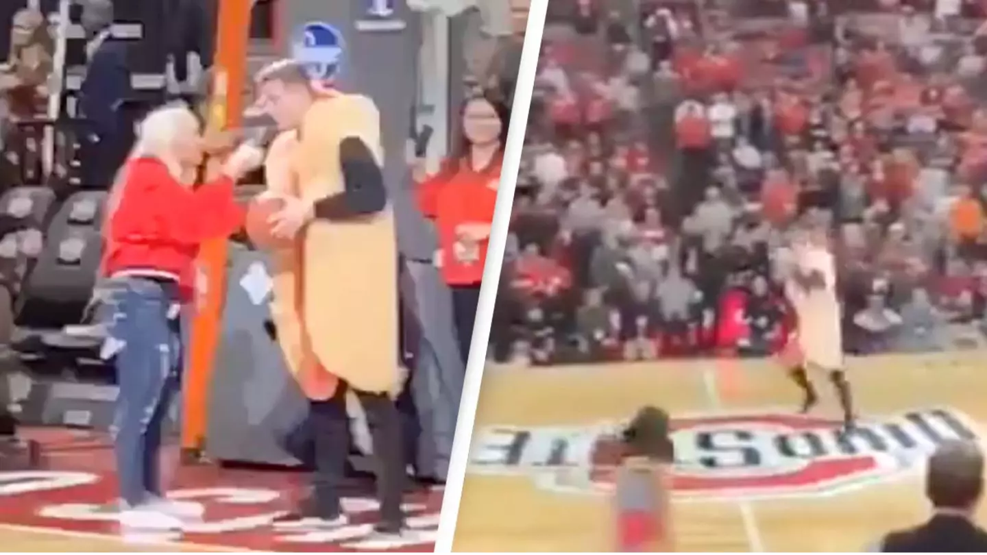 Man in hotdog costume delivers incredible chat-up line to interviewer before shooting basket