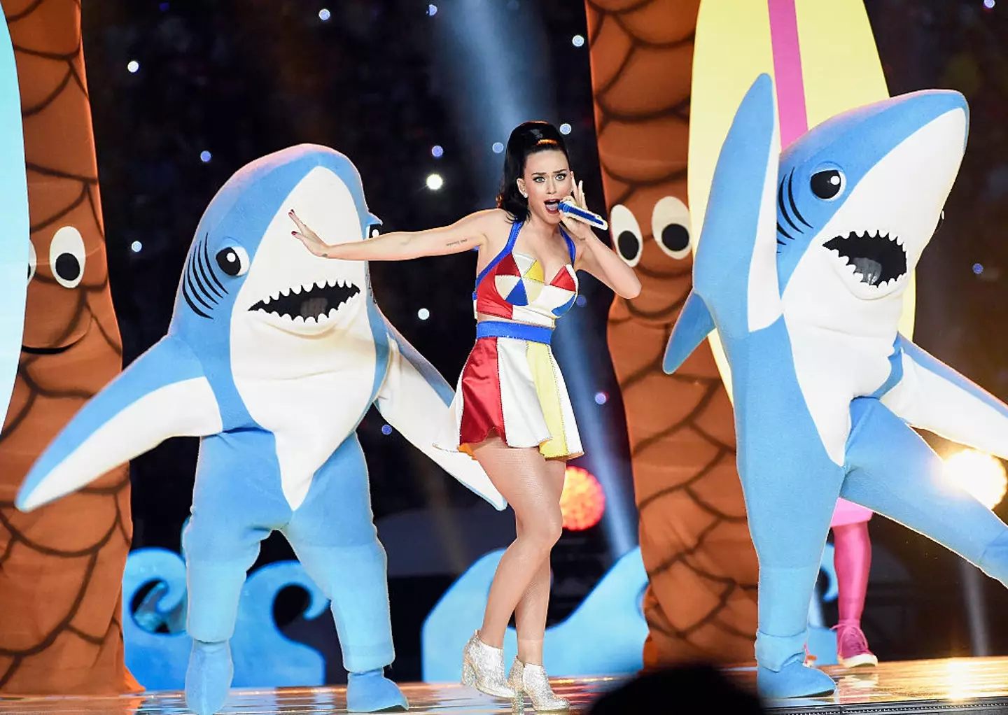 Katy Perry on stage during the 2015 Super Bowl half-time show. (Kevin Mazur/WireImage)