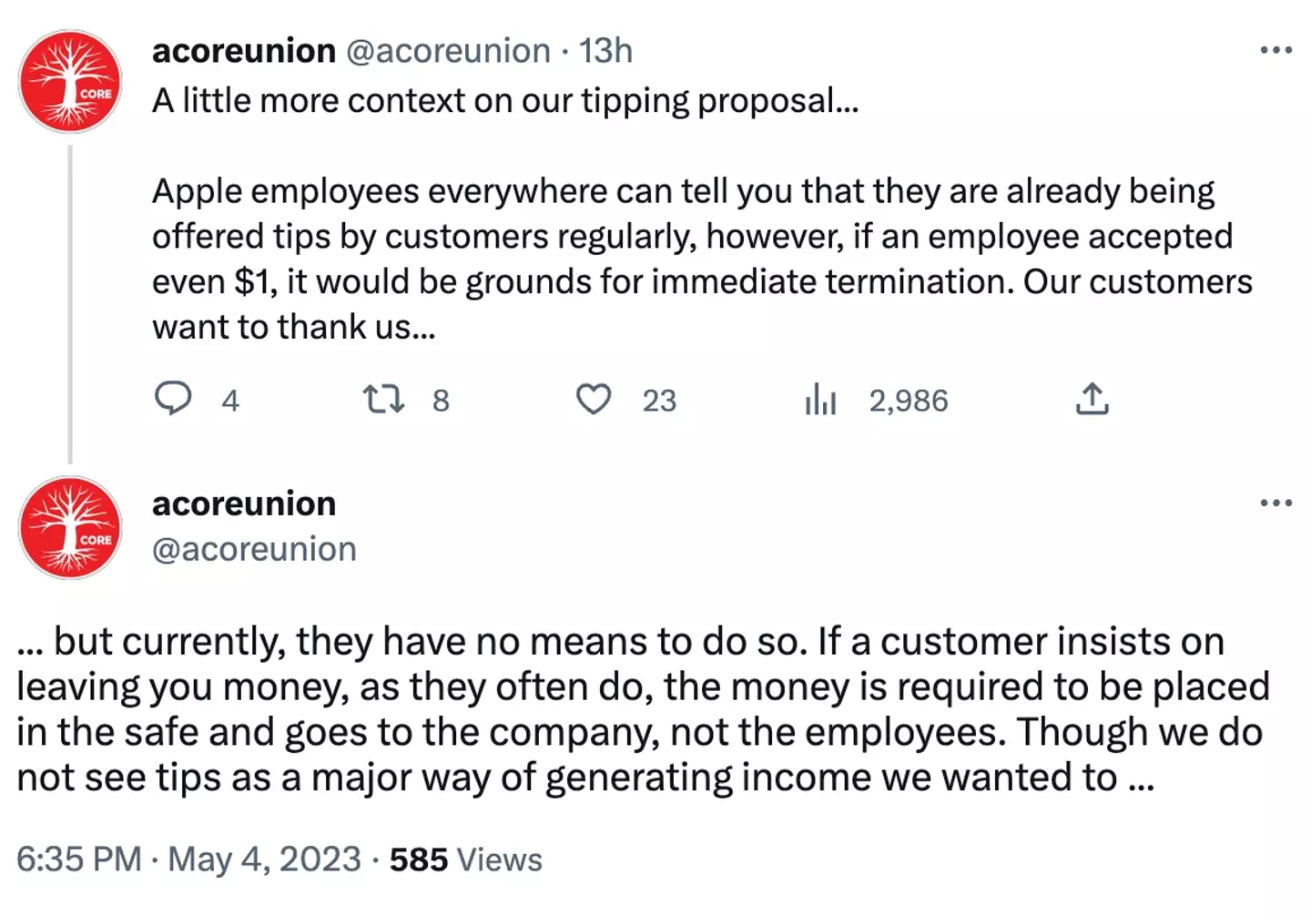 CORE has claimed customers already want to tip staff.