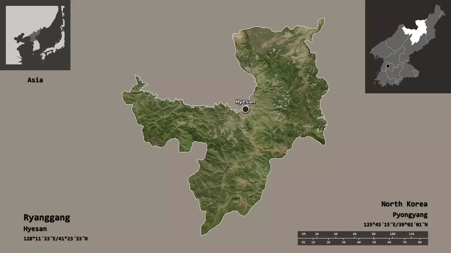 Shape of Ryanggang, province of North Korea, and its capital.