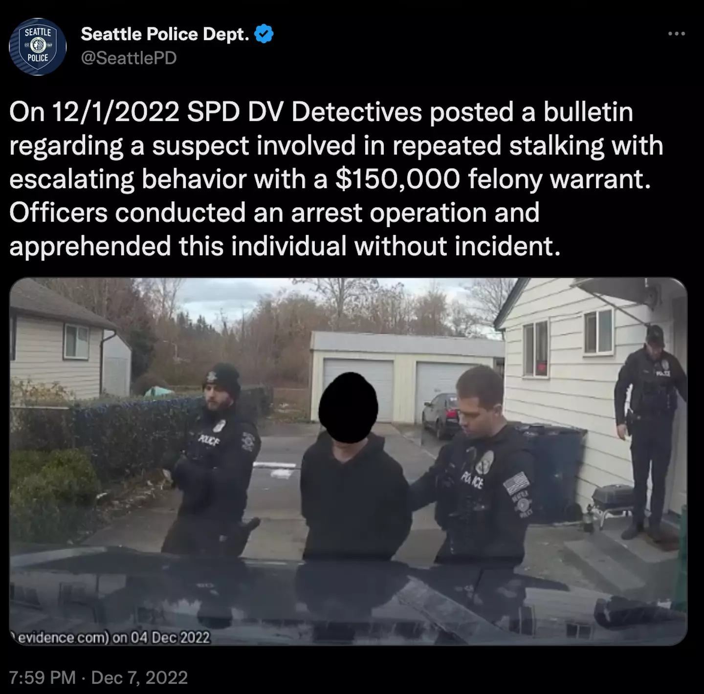 The day before the arrest of the suspected child molester, Seattle Police Department apprehended and arrested a suspected stalker.