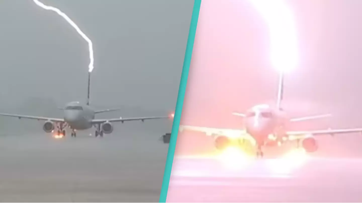 Shocking moment lightning strikes US plane full of passengers just after landing in storm