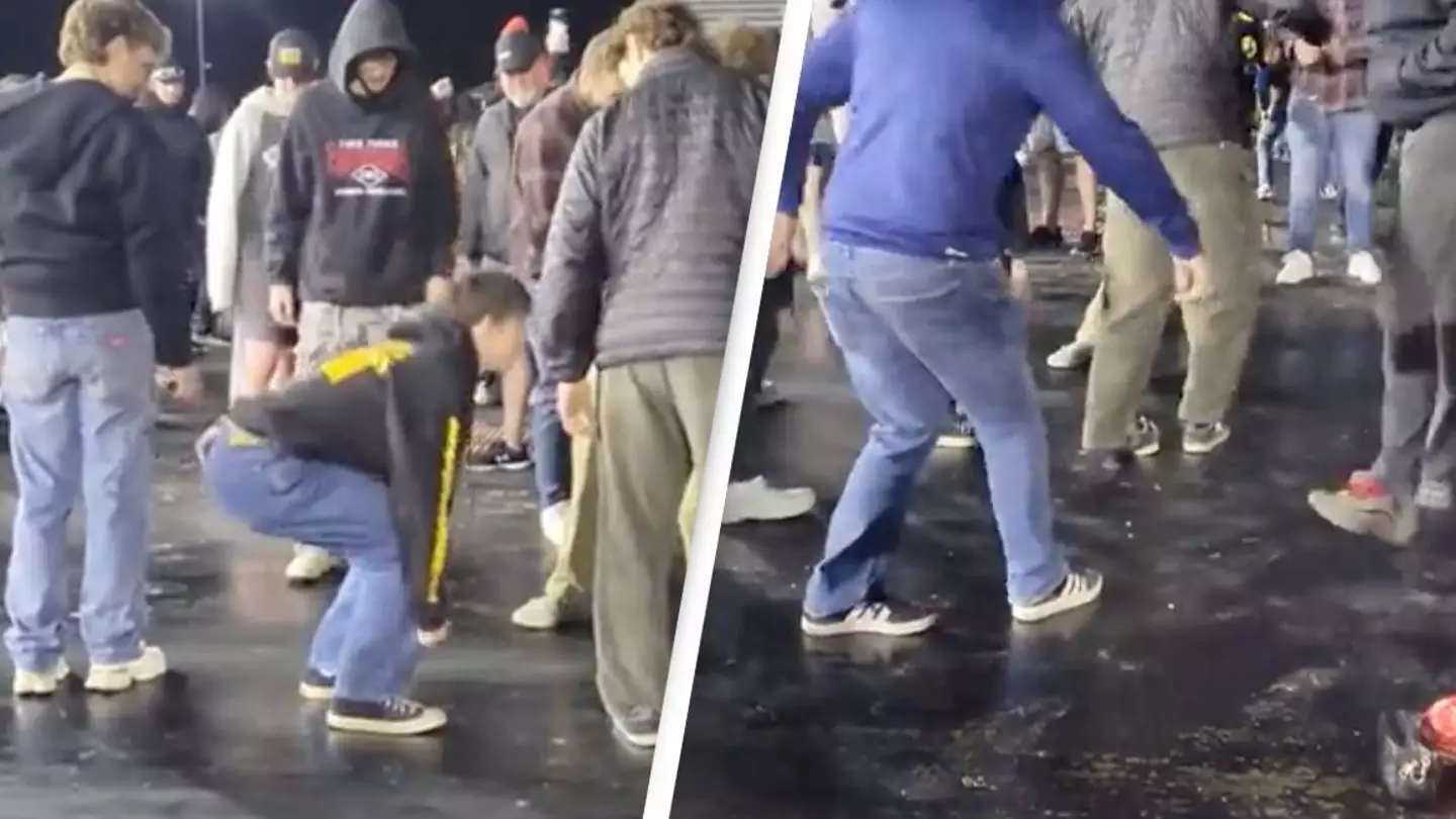 Spectators shocked to see how sticky race track is after getting caught in 'human fly trap'