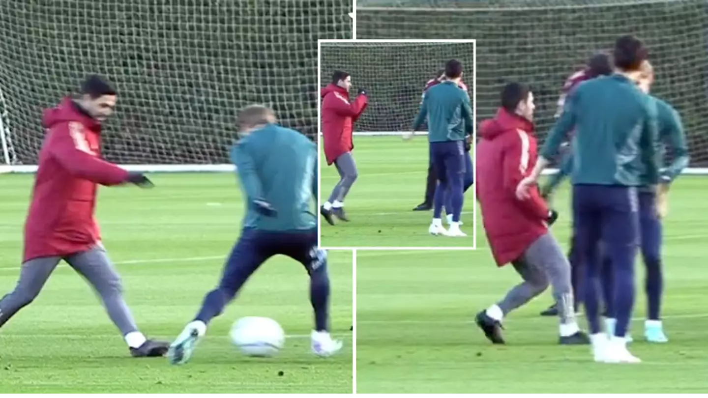 Mikel Arteta attempts Cristiano Ronaldo's 'Siu' celebration after nutmegging Martin Odegaard in training