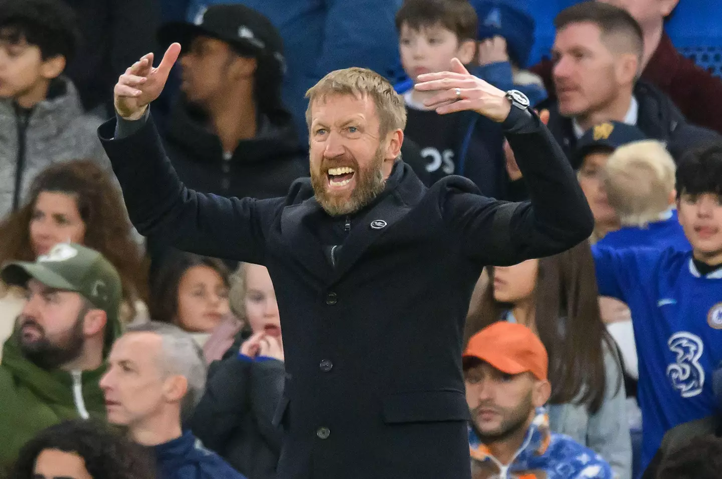 Graham Potter cuts a frustrated figure on the touchline. Image: Alamy 