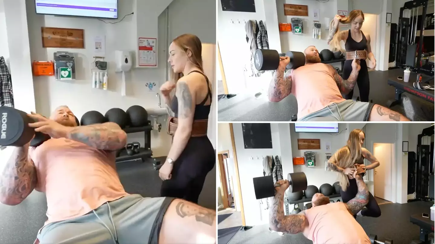 Hafthor Bjornsson 'turns into The Mountain' after lifting his WIFE and dumbbell on bench press, his sheer strength is unmatched