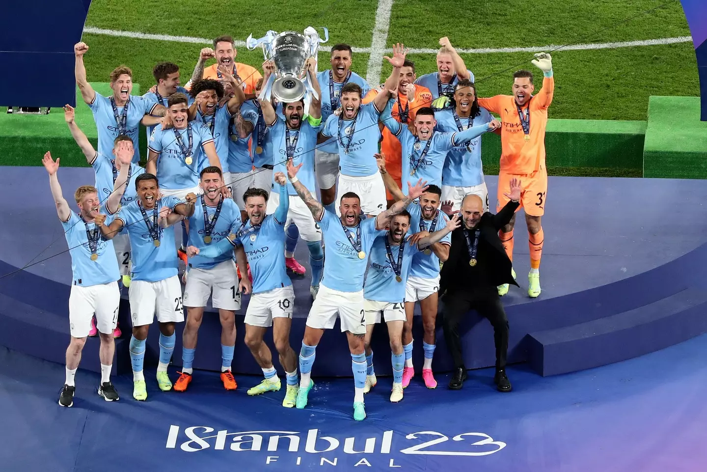 Manchester City players celebrate winning the Champions League. Image: Alamy