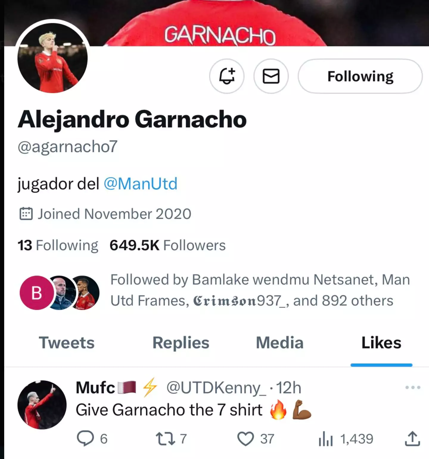 Garnancho was spotted 'liking' a post about the iconic number 7 shirt on Twitter.