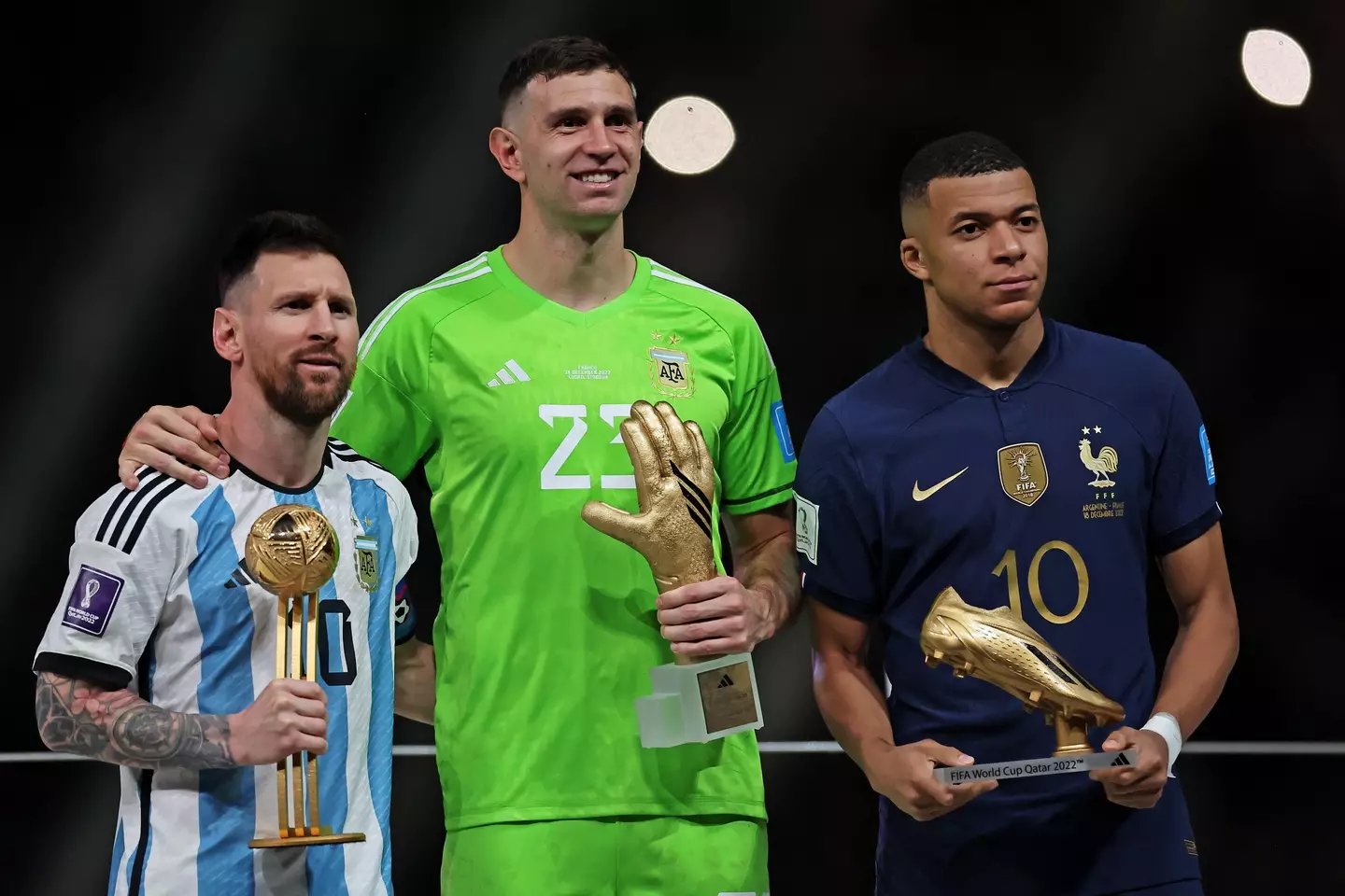 Mbappe with Messi and Martinez following the World Cup final. (Image