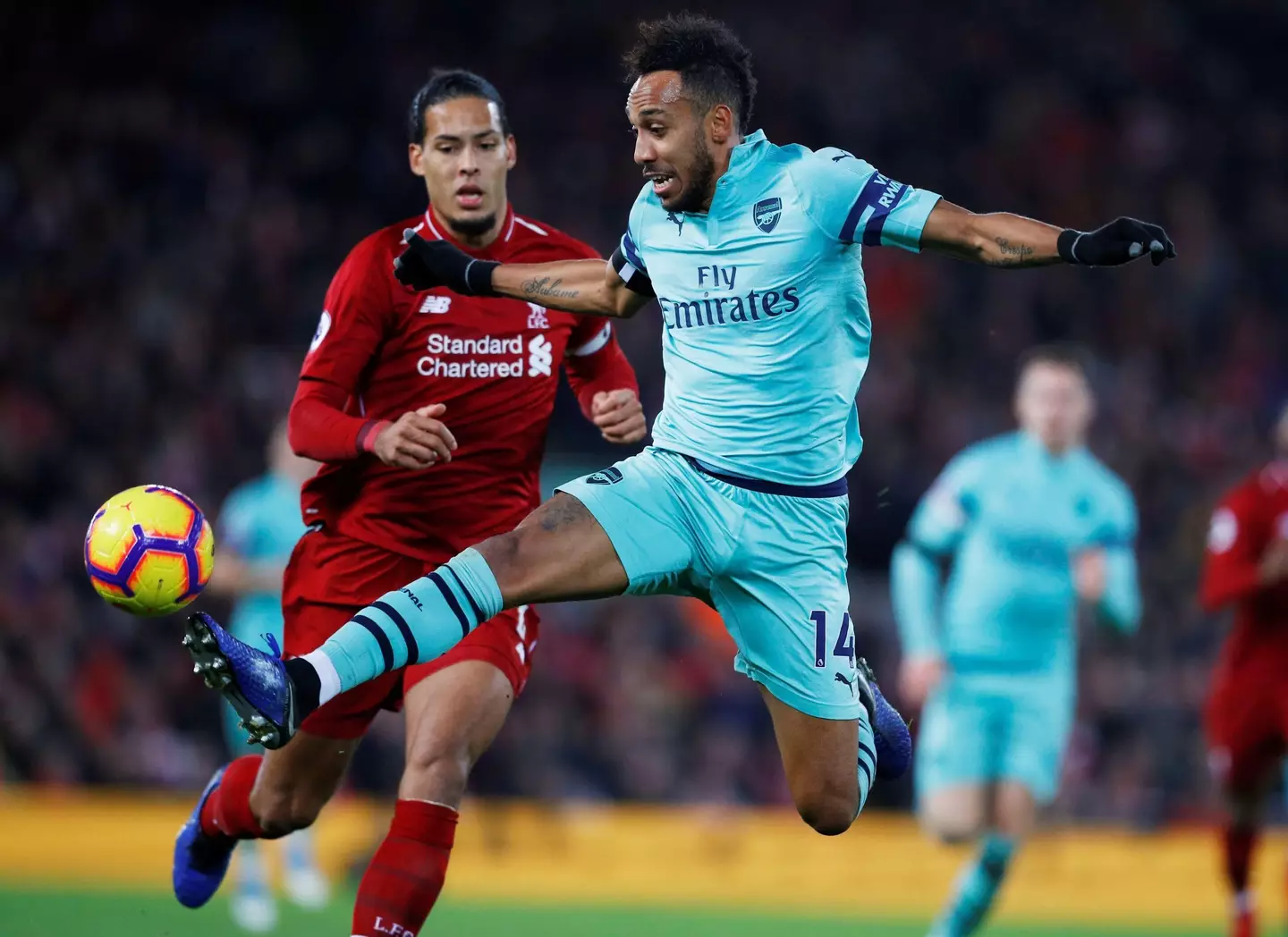 Most people would expect Aubameyang to pick Van Dijk. Image: PA Images