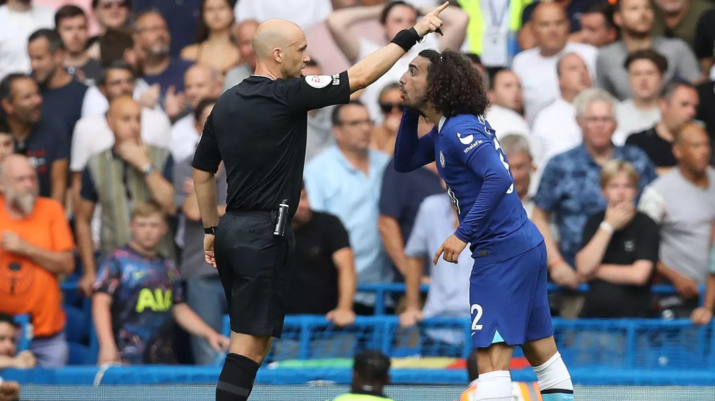 Marc Cucurella of Chelsea clashes with Referee Anthony Taylor during the Premier League match at Stamford Bridge. (Alamy)