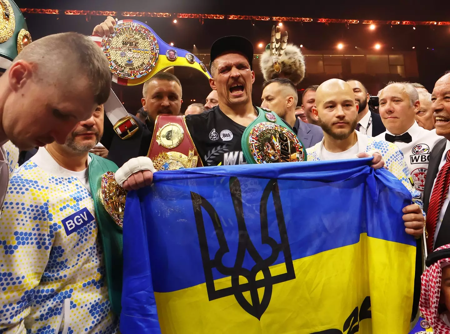 Oleksandr Usyk celebrates his victory over Tyson Fury. Image: Getty 