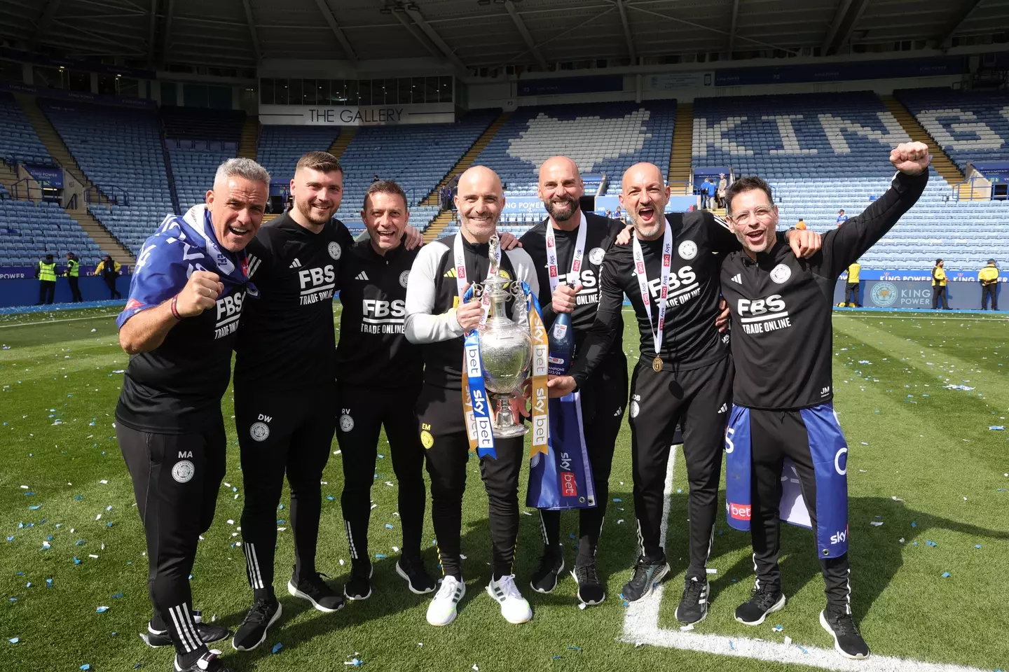 Enzo Maresca and his backroom staff celebrate Leicester City's title-winning campaign. Image: Getty