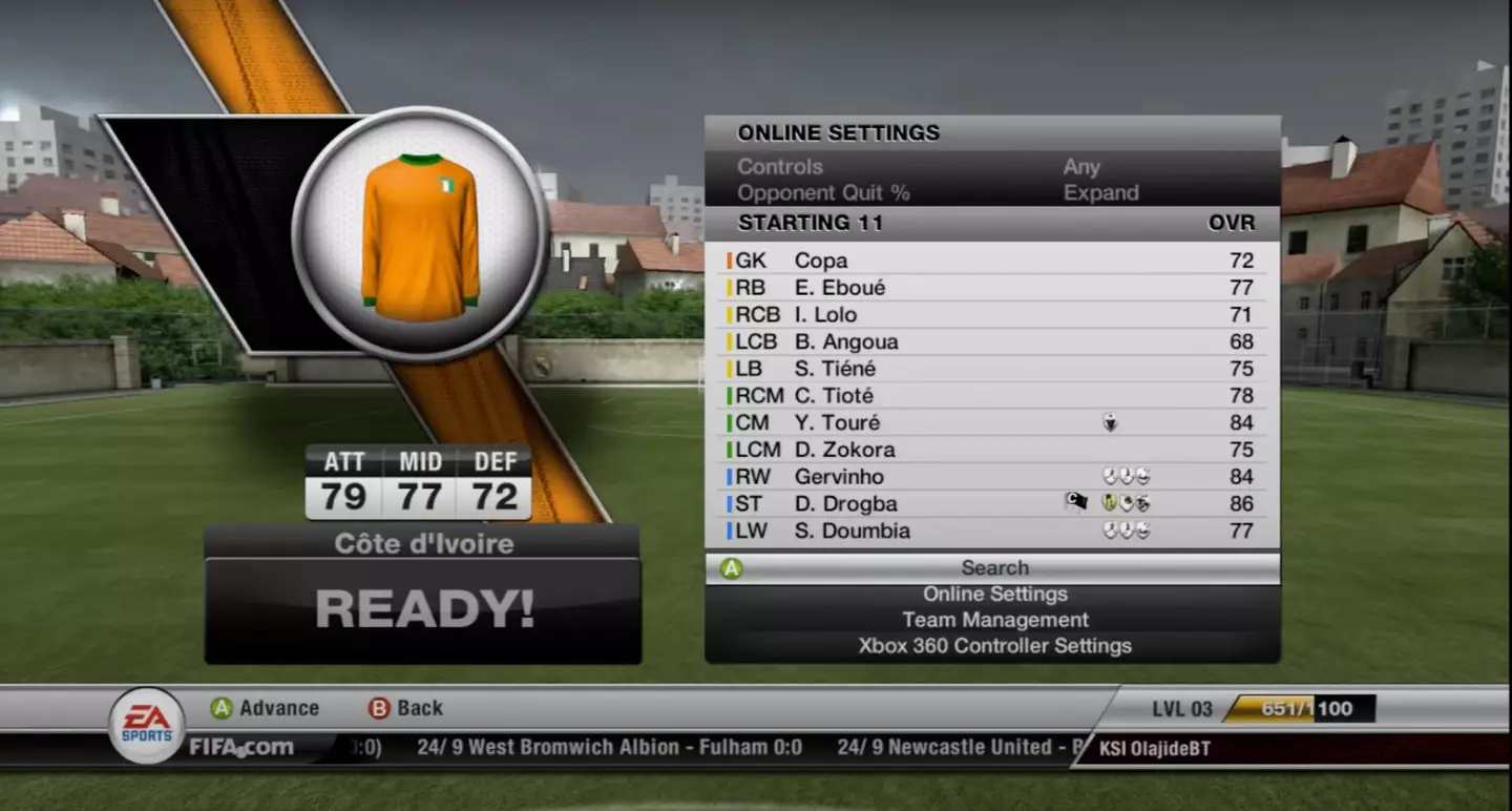 Ivory Coast's starting XI on the menu screen of FIFA 12's Head to Head Seasons.