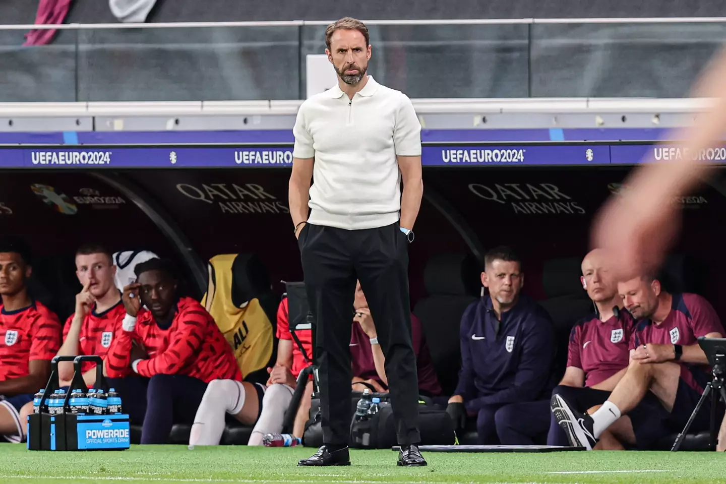 Gareth Southgate in the dugout during Denmark vs. England. Image: Getty