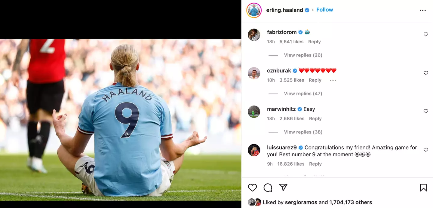 Suarez's comment on Haaland's post. Image: Instagram