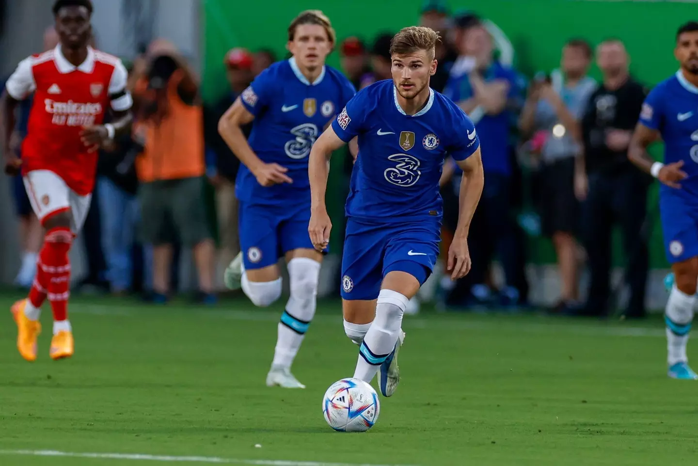 Chelsea forward Timo Werner during the game between Chelsea and Arsenal on July 23, 2022 at Camping World Stadium in Orlando. (Alamy)