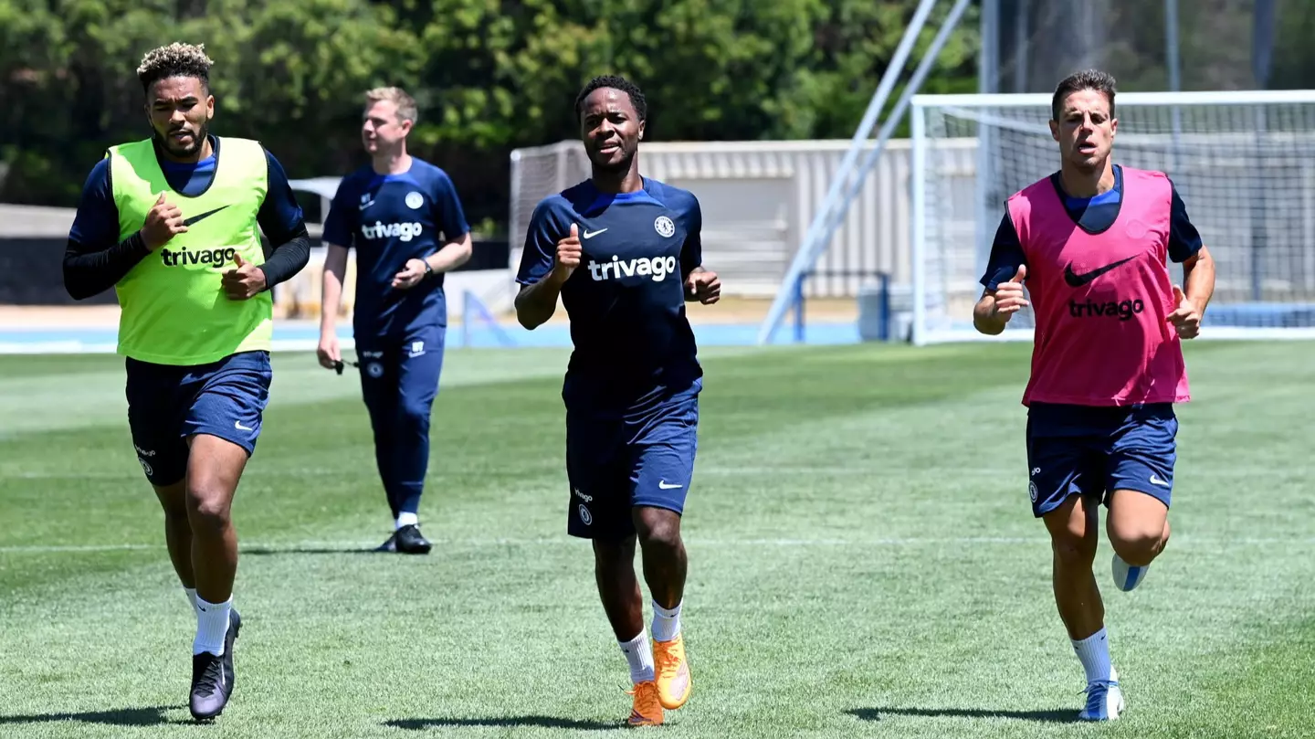 Raheem Sterling in training with his new Chelsea teammates. (Chelsea FC)