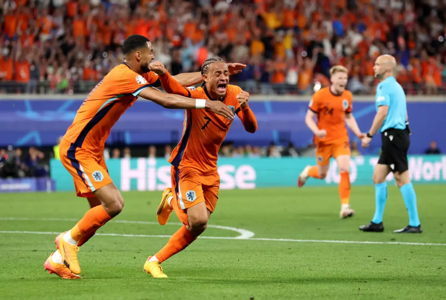 Xavi Simons thought he had scored the winner for The Netherlands in the 70th minute, but the goal was disallowed (Image: Getty)