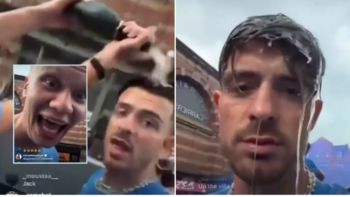 Erling Haaland pours bottle of champagne on Jack Grealish's head, his reaction is gold