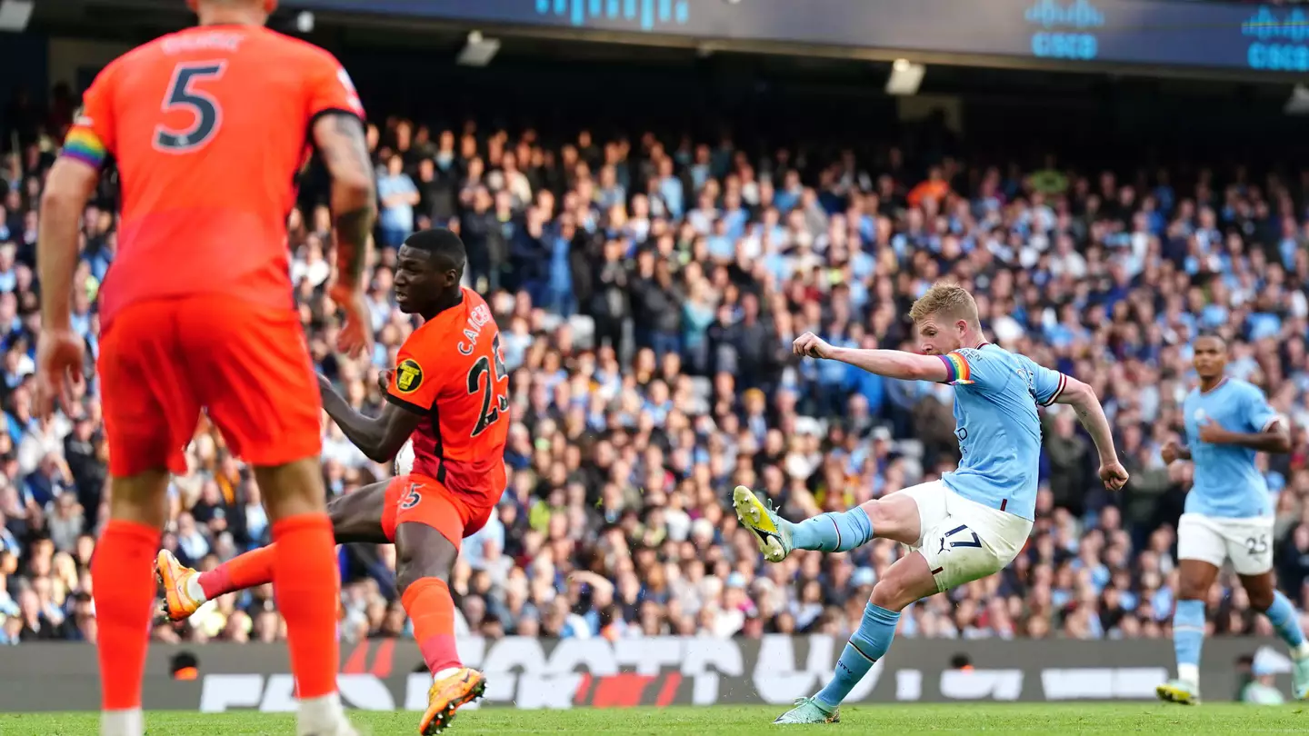 Kevin De Bruyne scores Manchester City's third goal of the game (PA Images/Alamy)