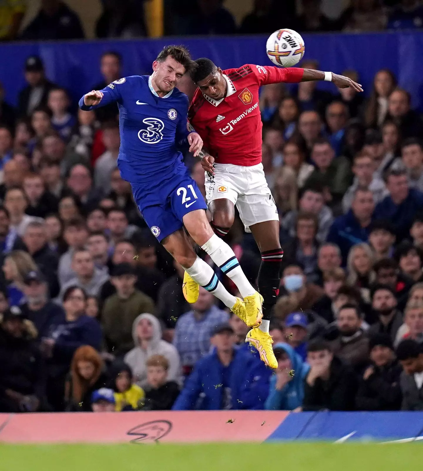 Chelsea's Ben Chilwell (left) and Manchester United's Marcus Rashford battle for the ball during the Premier League match at Stamford Bridge. (Alamy)