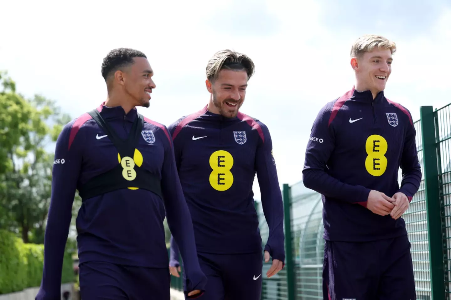 Jack Grealish (centre) pictured with Trent Alexander-Arnold (left) and Anthony Gordon (right) before England's final Euro 2024 squad was announced (