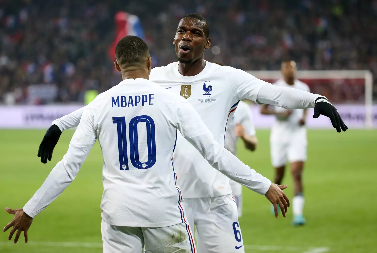 Kylian Mbappe and Paul Pogba celebrate a goal for France. Image: Getty 