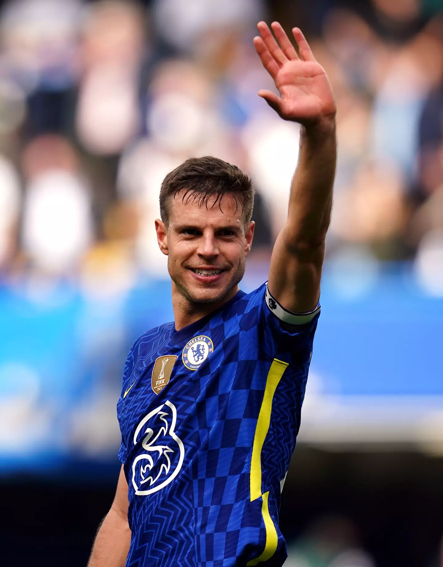 Chelsea’s Cesar Azpilicueta waves to the fans after the Premier League match at Stamford Bridge, London. (Alamy)