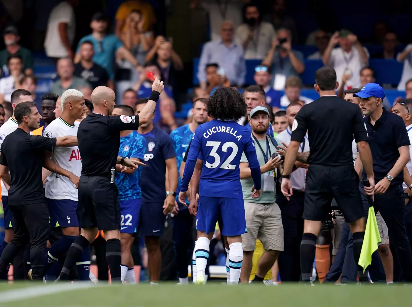 Chelsea manager Thomas Tuchel is sent off by referee Anthony Taylor during the Premier League match at Stamford Bridge. (Alamy)