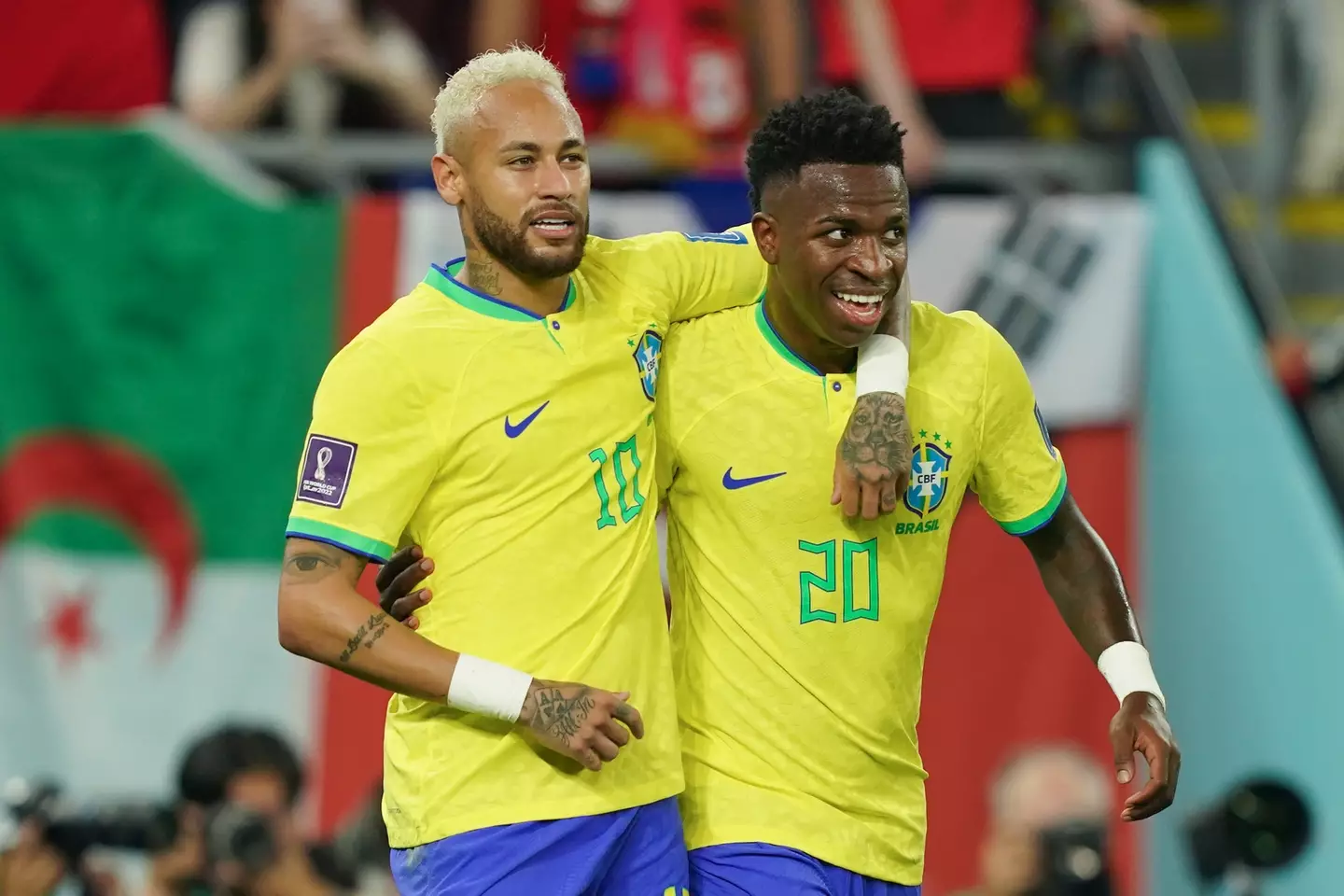 Neymar and Vinicius Junior celebrate scoring a goal for Brazil. Image: Getty