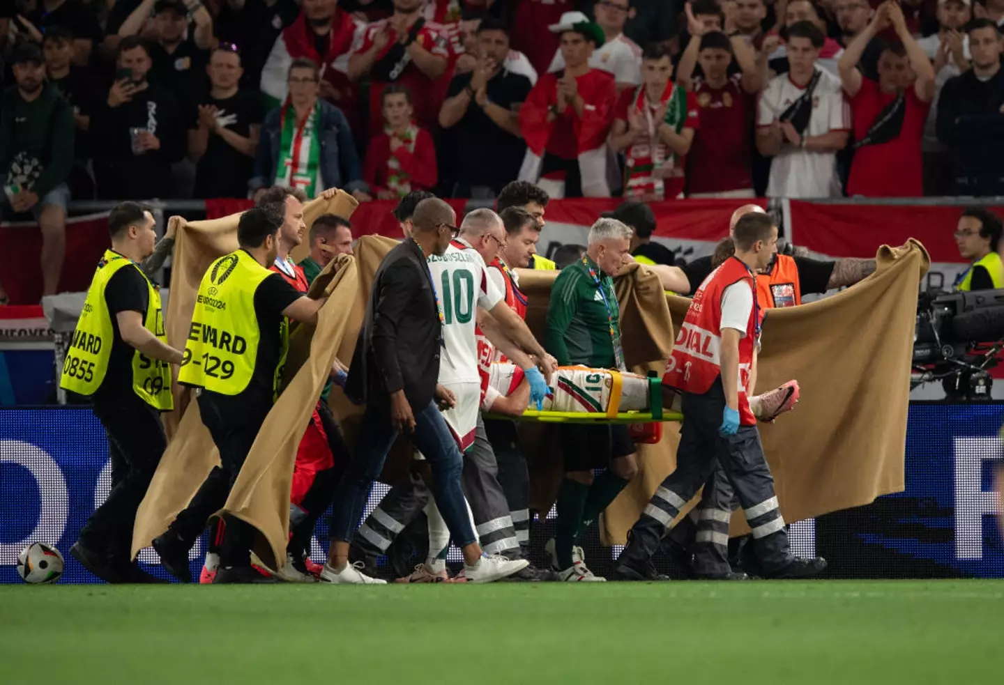 Hungary's Barnabas Varga was stretchered off the pitch (
