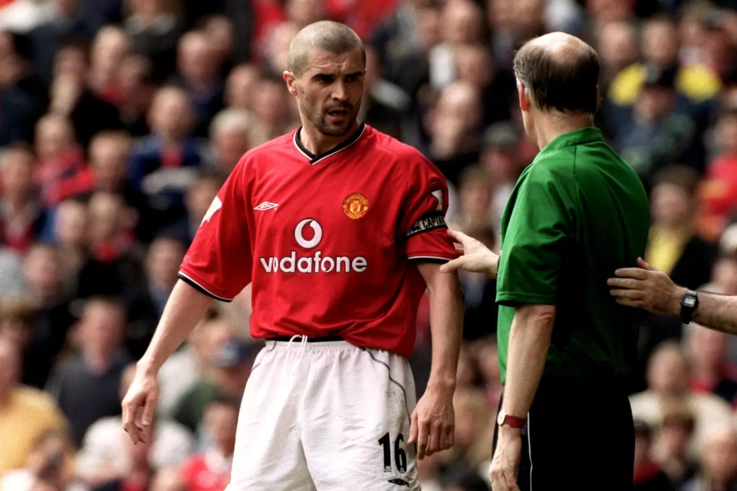 Roy Keane was sent off for his infamous challenge on Alf-Inge Haaland. (PA)
