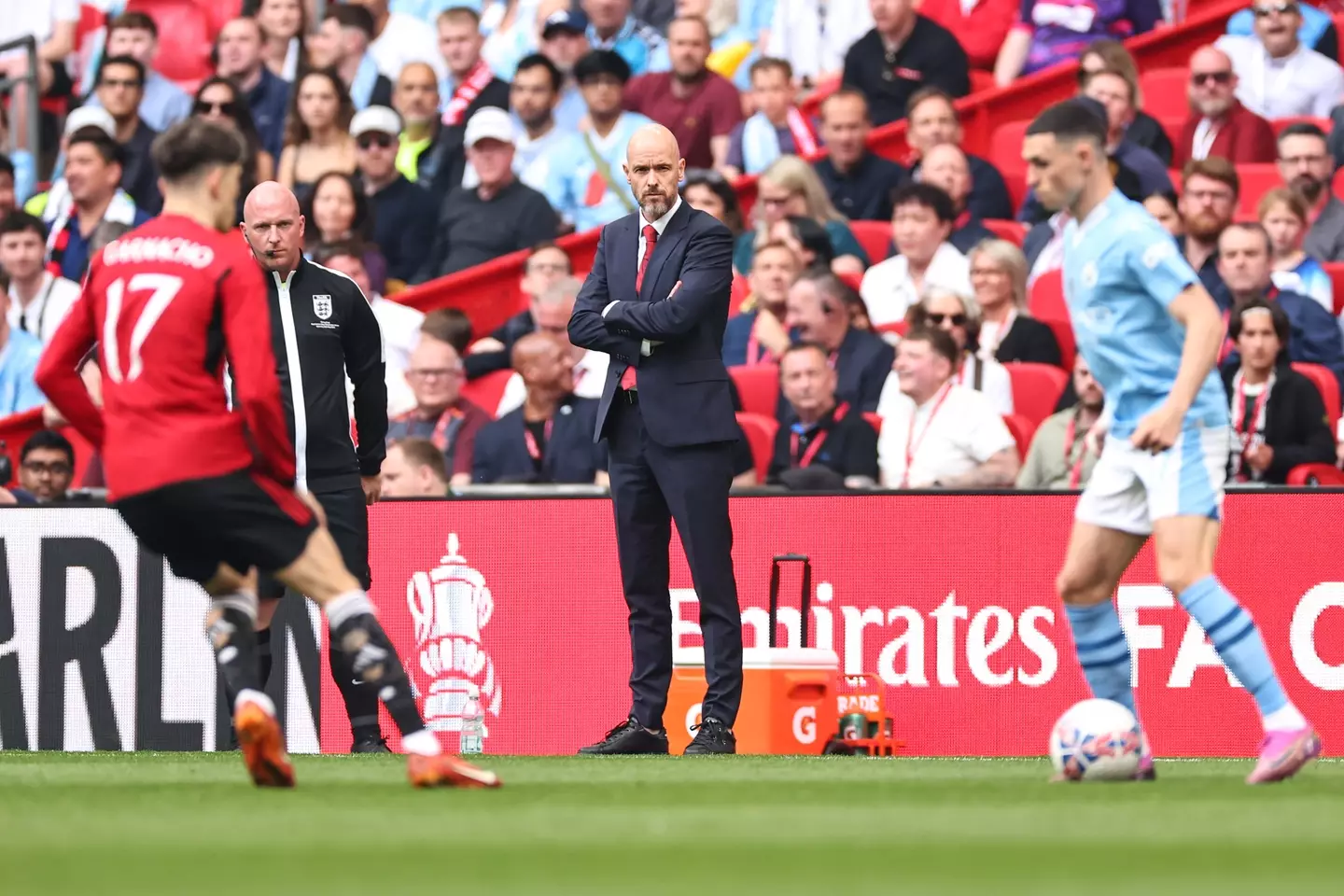 Erik ten Hag on the touchline during the FA Cup final. Image: Getty 