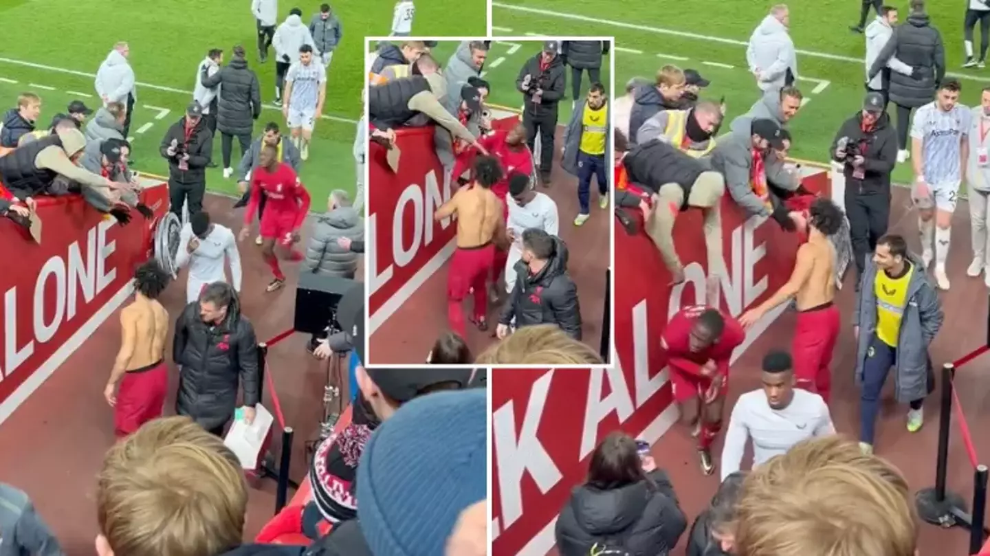 Konate hilariously tried to grab Salah’s shirt before he could give it away to a fan