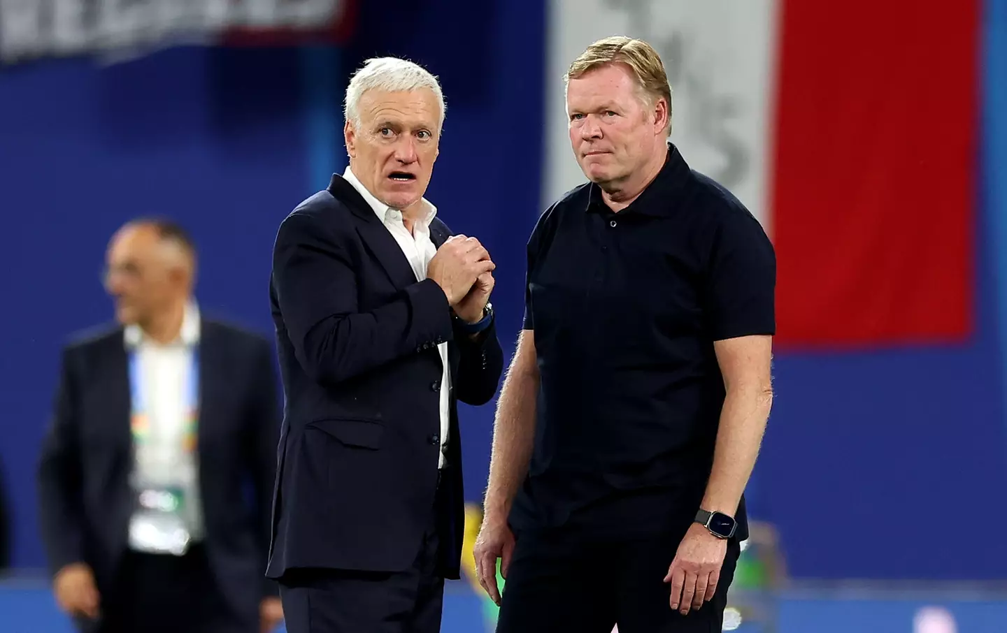 Didier Deschamps and Ronald Koeman following the goalless draw between France and the Netherlands. Image: Getty