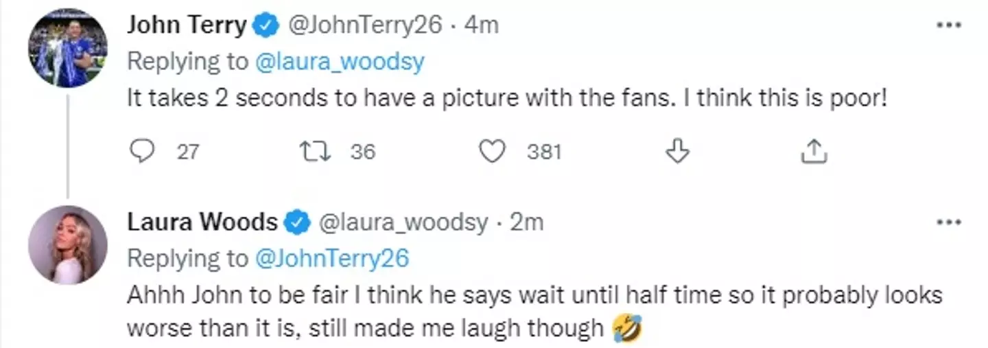 John Terry’s verdict on Roy Keane’s selfie snub in a Twitter exchange with Laura Woods, which the Chelsea legend later deleted.