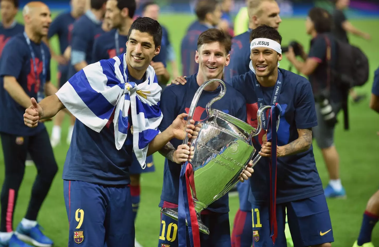 Luis Suarez, Lionel Messi and Neymar pictured after the 2015 Champions League final (