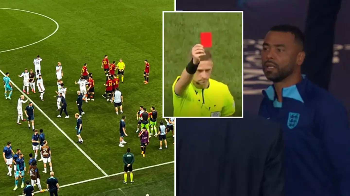 Crazy scenes as Ashley Cole shown red card during England's Euro U21 final against Spain