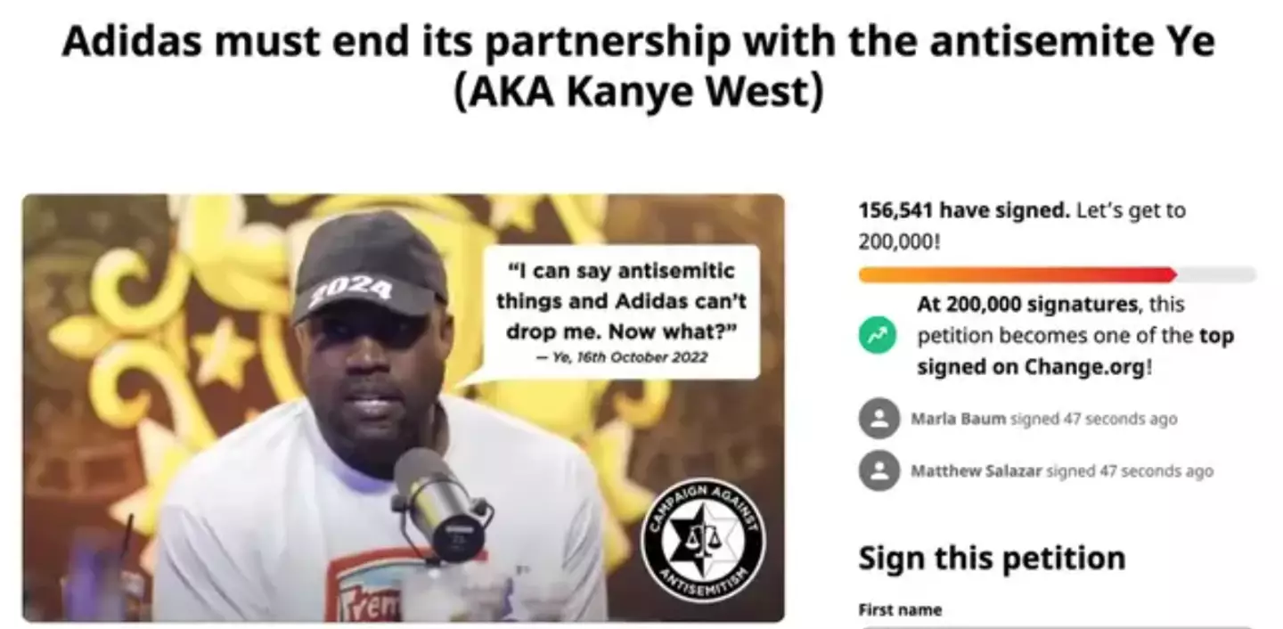 A petition was launched calling on Adidas to drop Ye.
