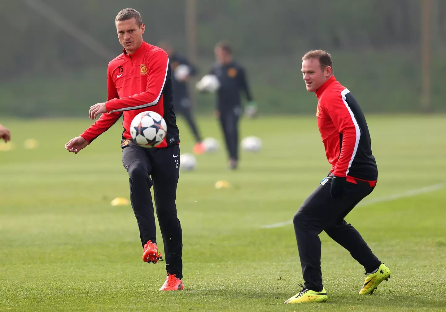 Wayne Rooney and Nemanja Vidic in Manchester United training. Image: Getty
