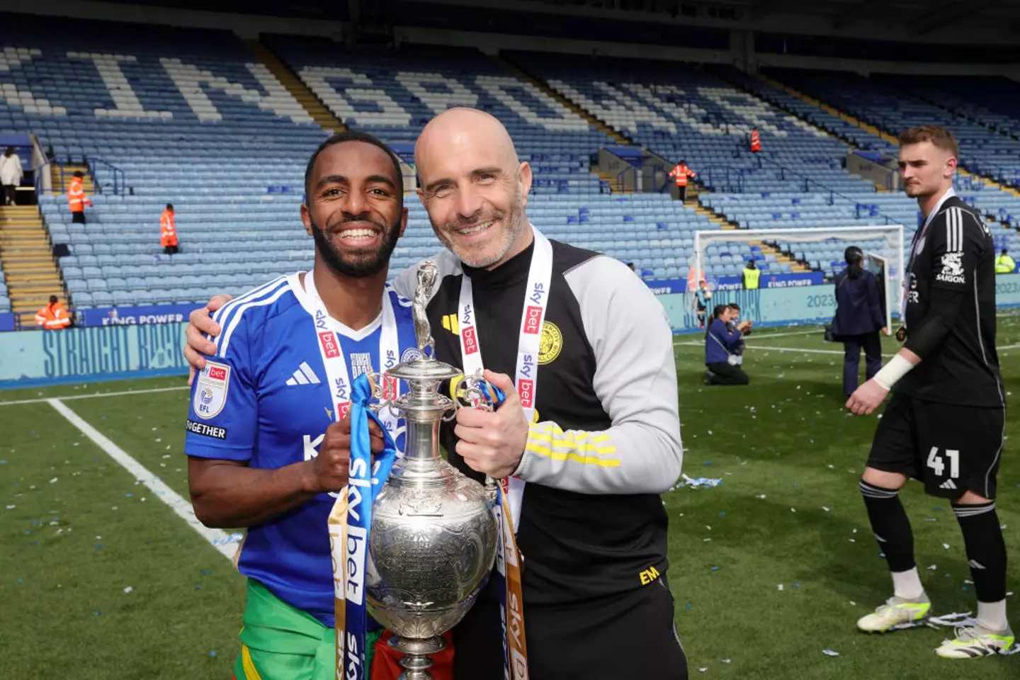 Leicester manager Enzo Maresca and Ricardo Pereira celebrate after winning the Championship title (