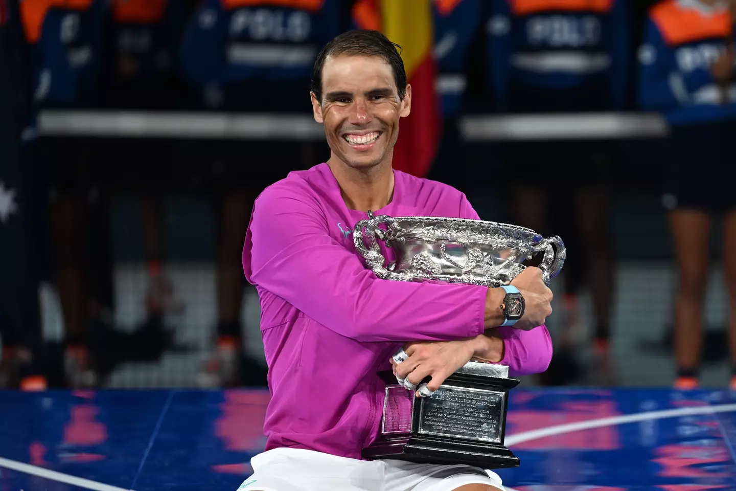 Nadal holds the trophy that took him above Djokovic and Roger Federer on 21 slam wins. Image: PA Images