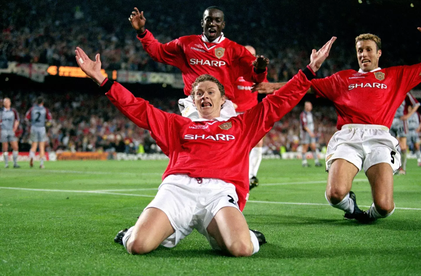 Ole Gunnar Solskjaer celebrates his winning goal in the 1999 Champions League final |