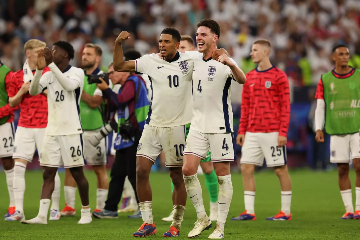 Jude Bellingham and Declan Rice celebrate England's victory over Slovakia. Image: Getty 